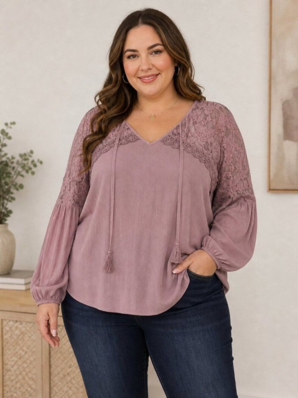 Avenue Peasant Top Mauve Lace Long Sleeve Plus Size 22W 24W NEW